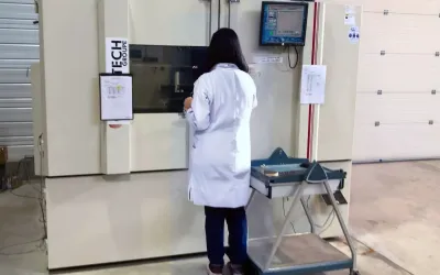 Opératrice d'essais devant son enceinte d'essais chocs thermiques